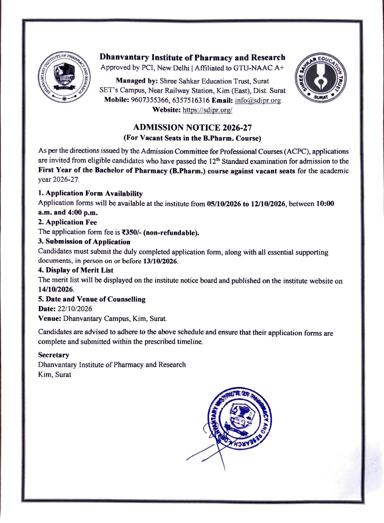 Admission Notice 2026-27 (VQ)
